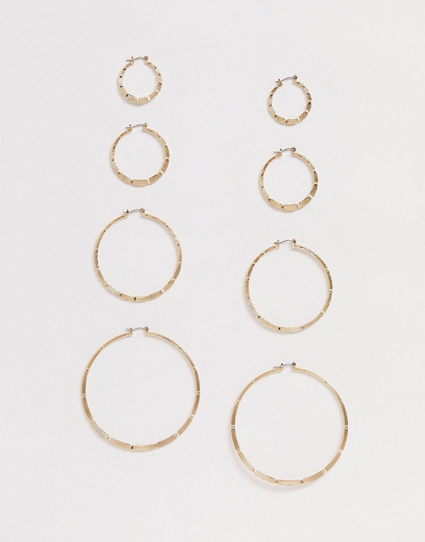 ASOS DESIGN pack of 4 hoop earrings in vintage style engraved design in gold tone