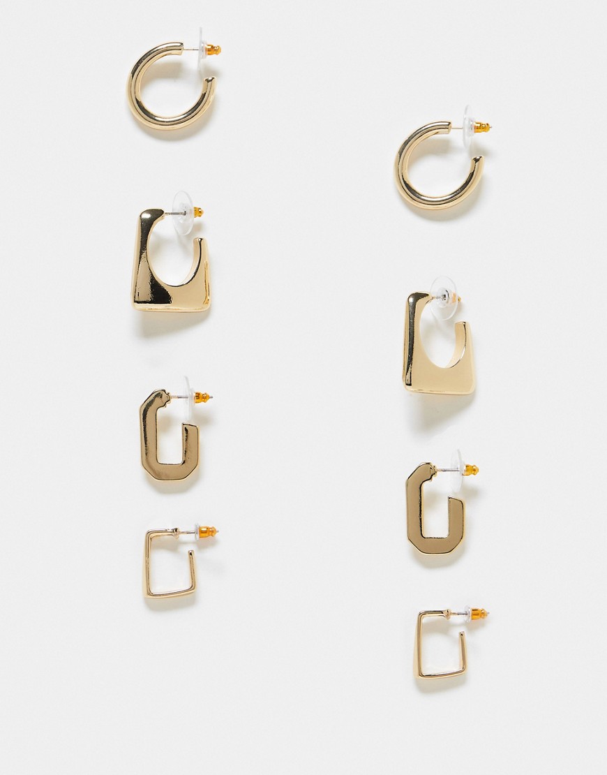ASOS DESIGN pack of 4 hoop earrings with mixed shape detail in gold tone