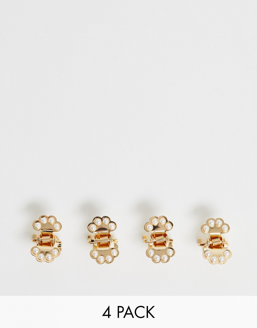 ASOS DESIGN pack of 4 mini hair claws with pearl detail in gold tone