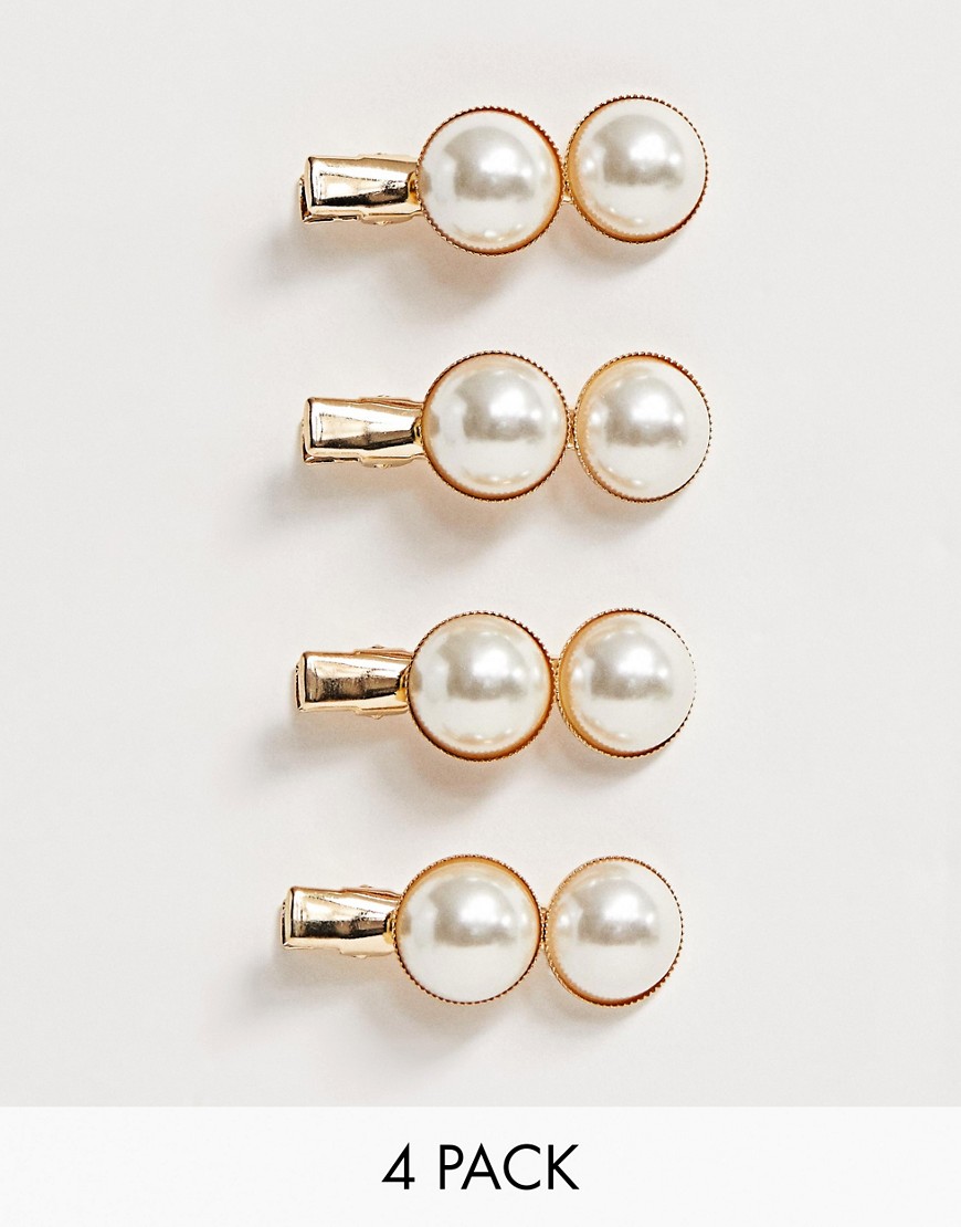 ASOS DESIGN pack of 4 mini hair clips with double pearls-Gold
