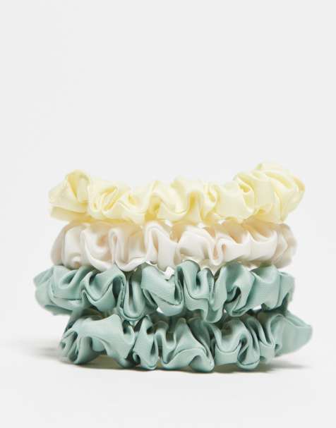 ASOS DESIGN pack of 4 mini scrunchies in cream, green & butter yellow - view 1