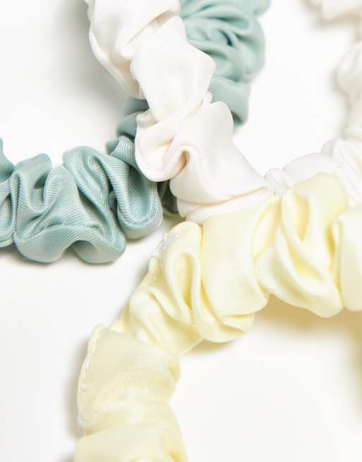 ASOS DESIGN pack of 4 mini scrunchies in cream, green & butter yellow, 2 of 3