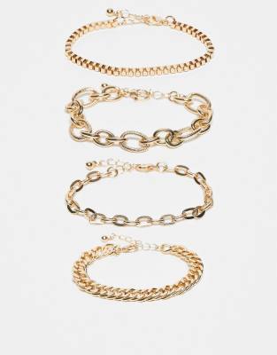 Asos Design Pack Of 4 Mixed Fine-chain Bracelets In Gold