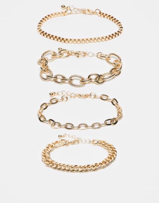 ASOS DESIGN pack of 4 mixed fine chain bracelets in gold tone