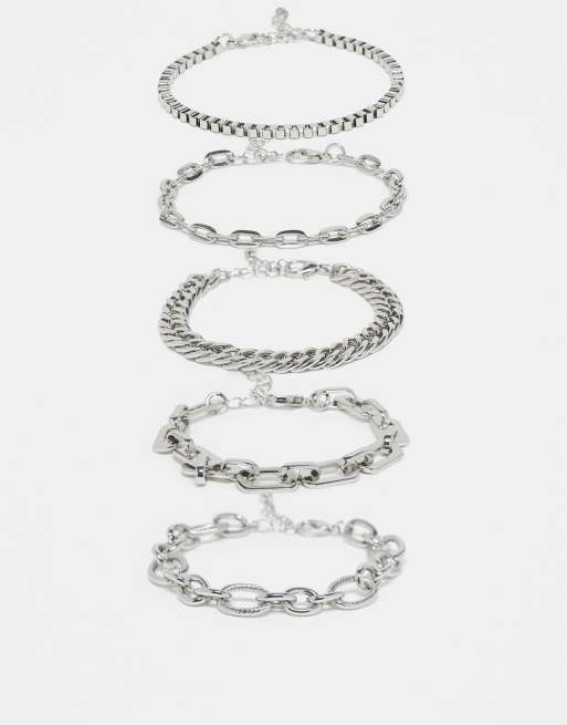 ASOS DESIGN pack of 4 mixed fine chain bracelets in silver tone