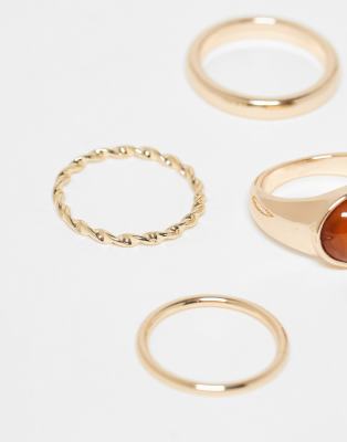 Asos Design Pack Of 4 Mixed Rings With Faux Semi Precious Stone In Gold