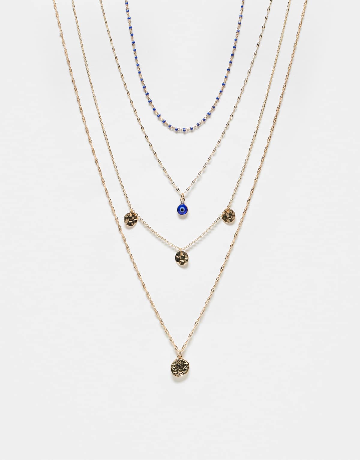 ASOS DESIGN pack of 4 necklaces with disc and eye charm detail in gold tone