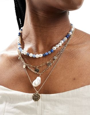 ASOS DESIGN pack of 4 necklaces with faux pearl and blue semi precious style beads