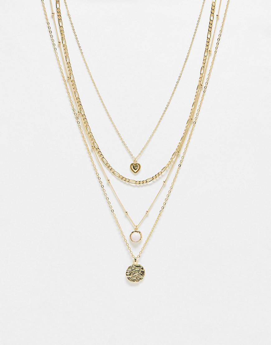 Asos Design Pack Of 4 Necklaces With Multi Stone Pendant Design In Gold Tone
