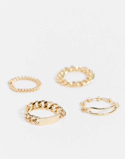 ASOS DESIGN pack of 4 rings in mixed chains in gold tone