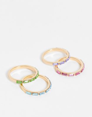 ASOS DESIGN pack of 4 rings with baguette design in multi - ASOS Price Checker
