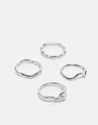 pack of 4 rings with fine molten design in silver tone