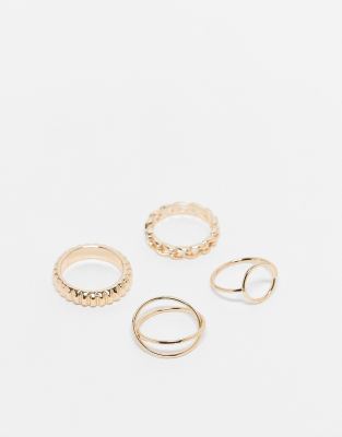 Asos Design Pack Of 4 Rings With Open Circle And Chain Design In Gold Tone