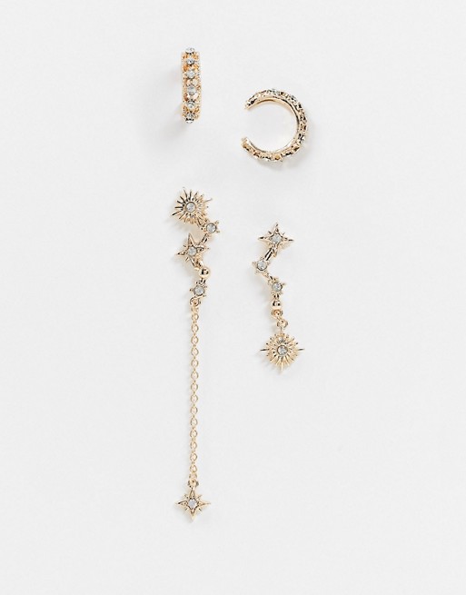 ASOS DESIGN pack of 4 single earrings with star design and crystal ear cuffs in gold tone