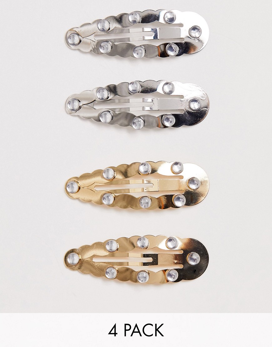 ASOS DESIGN pack of 4 snap clips with bubble edge and crystal embellishment in mixed metal finish-Multi