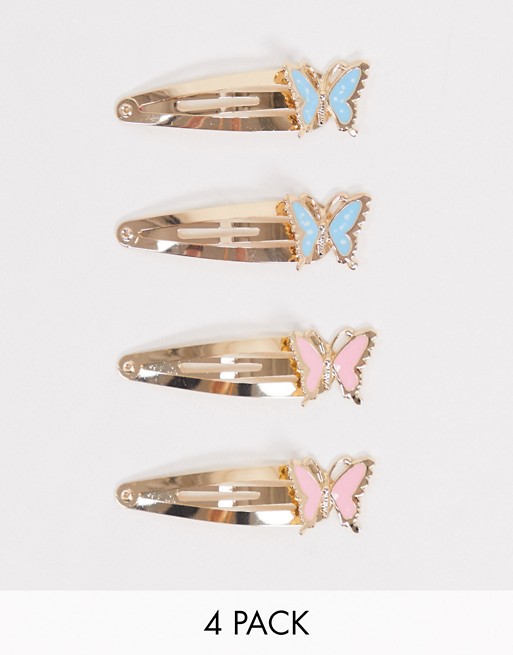 ASOS DESIGN pack of 4 snap hair clips with pink and baby blue butterflies