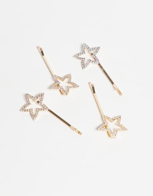 ASOS DESIGN pack of 4 sparkly crystal star hair slides in gold tone, 2 of 3
