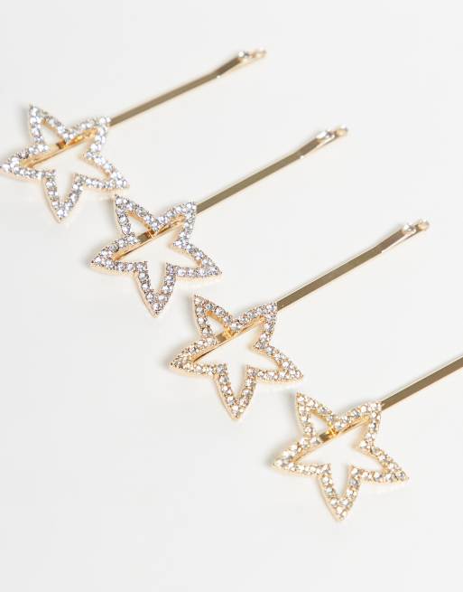 ASOS DESIGN pack of 4 sparkly crystal star hair slides in gold tone, 3 of 3