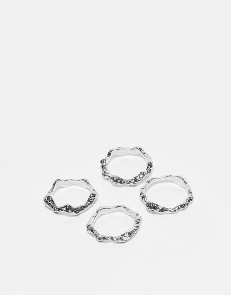 ASOS DESIGN pack of 4 stacking rings in hammered design in silver tone - view 1