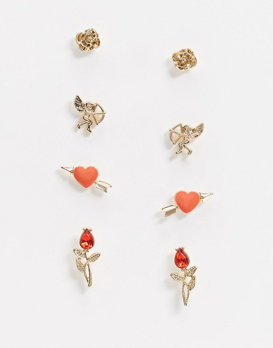 ASOS DESIGN pack of 4 stud earrings in jewel rose and romantic design in gold tone