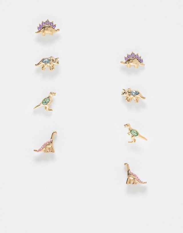 ASOS DESIGN pack of 4 stud earrings with crystal dinosaur design in gold tone