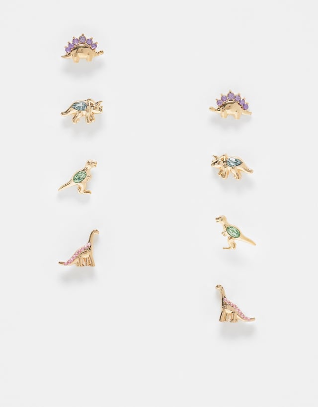 ASOS DESIGN pack of 4 stud earrings with crystal dinosaur design in gold tone