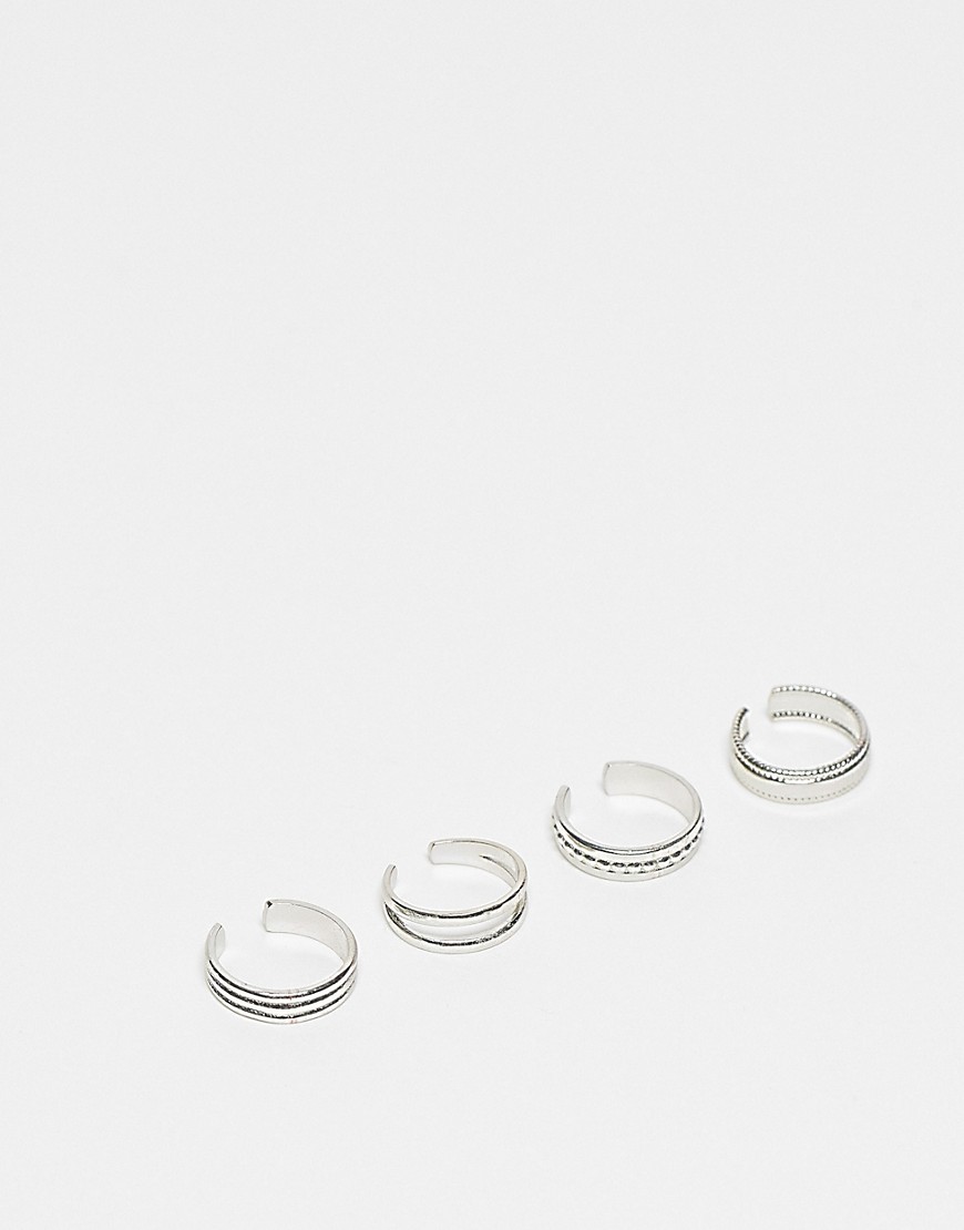 ASOS DESIGN pack of 4 toe rings with mixed design in silver tone