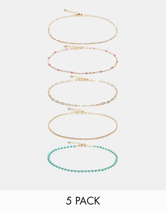 ASOS DESIGN pack of 5 anklets with mixed bead design in gold tone