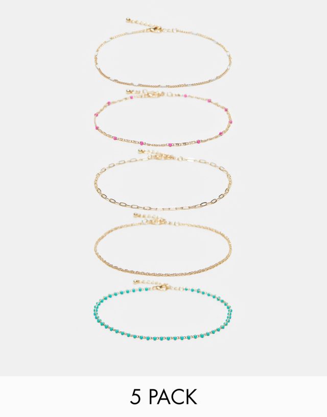 ASOS DESIGN pack of 5 anklets with mixed bead design in gold tone