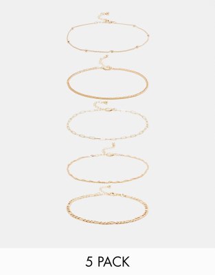 ASOS DESIGN pack of 5 anklets with mixed design in gold tone | ASOS