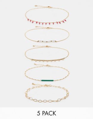 ASOS DESIGN ASOS DESIGN pack of 5 anklets with pink and green bead design-Gold