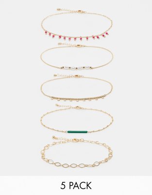 Asos Design Pack Of 5 Anklets With Pink And Green Bead Design-gold