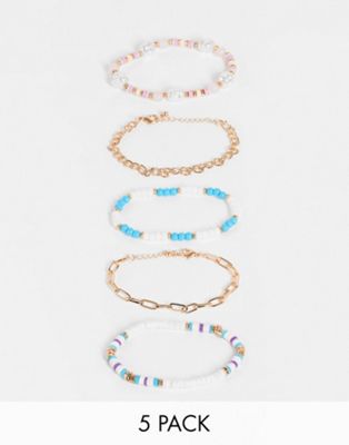 ASOS DESIGN pack of 5 bracelets in mixed pastel bead and chain design