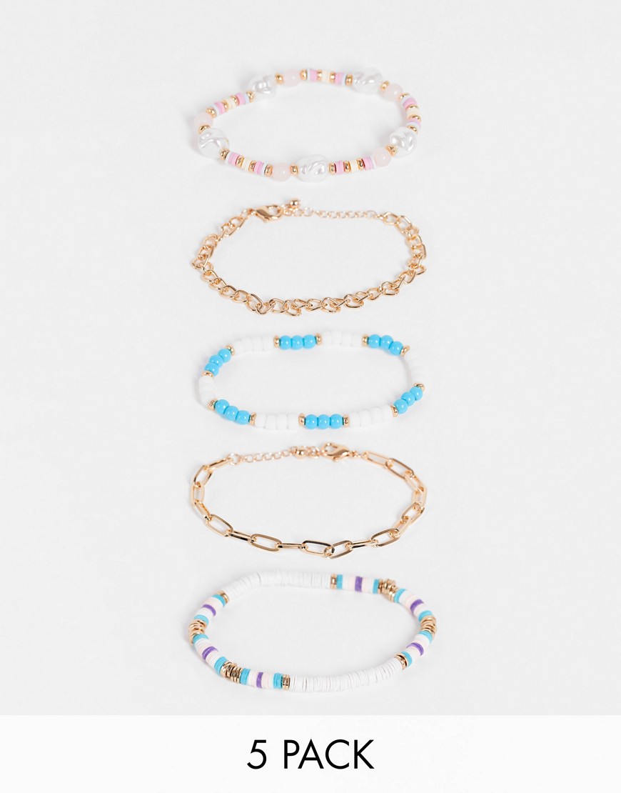 ASOS DESIGN pack of 5 bracelets in mixed pastel bead and chain design-Multi