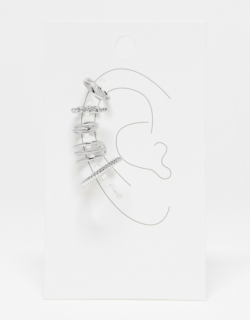 Asos Design Pack Of 5 Ear Cuffs With Mixed Detail In Silver Tone In Metallic