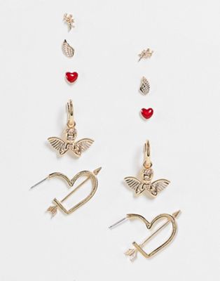 ASOS DESIGN pack of 5 earrings in designs in gold tone