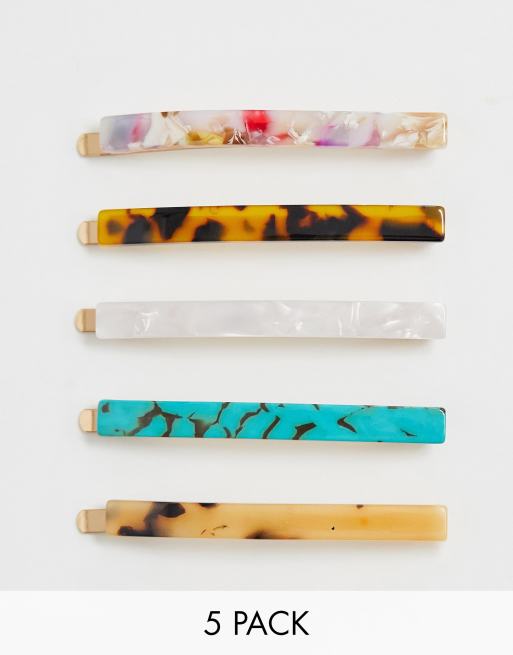 ASOS DESIGN pack of 5 hair clips in long rectangle shape in mixed resins