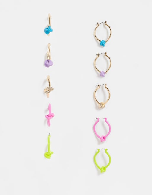 ASOS DESIGN pack of 5 hoop earrings with crystal and colour knot designs