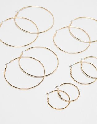 ASOS DESIGN pack of 5 hoop earrings with simple skinny design in gold tone | ASOS