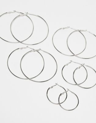 ASOS DESIGN pack of 5 hoop earrings with simple skinny design in silver tone | ASOS
