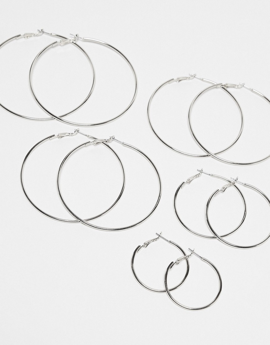 Asos Design Pack Of 5 Hoop Earrings With Simple Skinny Design In Silver Tone