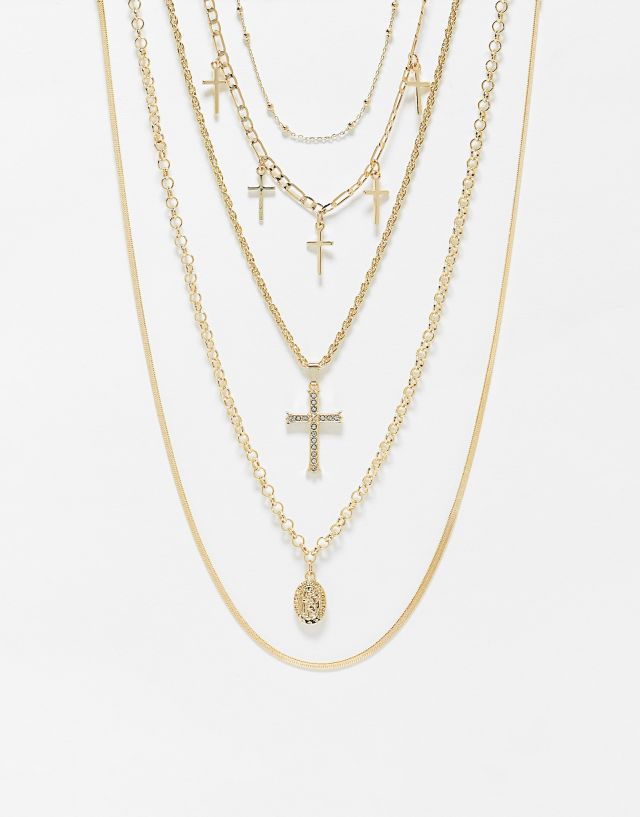 ASOS DESIGN pack of 5 necklaces with mixed chain and cross design in gold tone