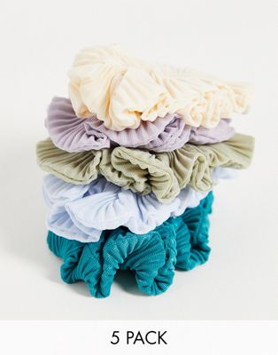 ASOS DESIGN pack of 5 plisse ruffle scrunchies in multi colours