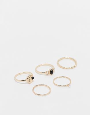 ASOS DESIGN ASOS DESIGN pack of 5 rings with black stone and faux pearl design in gold tone