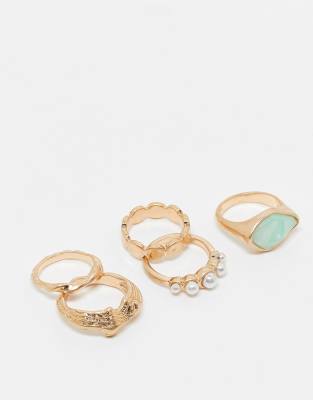 ASOS DESIGN pack of 5 rings with faux pearl and semi precious style stone design-Gold