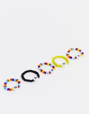 ASOS DESIGN pack of 5 rings with 'HAPPY' stretch bead design-Multi