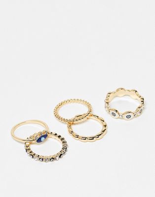ASOS DESIGN pack of 5 rings with mixed eye design in gold tone