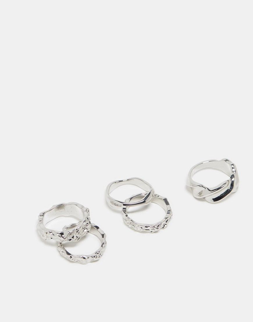 ASOS DESIGN pack of 5 rings with mixed molten design in silver tone
