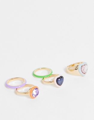ASOS DESIGN pack of 5 rings with mixed playful designs in gold tone