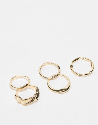 ASOS DESIGN ASOS DESIGN pack of 5 rings with molten design in gold tone